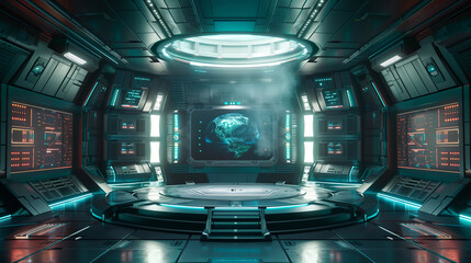 The podium in a futuristic setting with digital displays for product presentation, sci fi theme