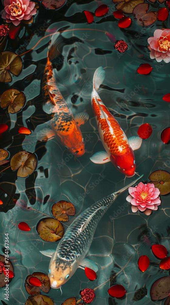 Wall mural Two koi fish swimming in clear chinese new year patten water with ripples