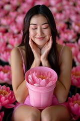 Obraz na płótnie Canvas A woman sits cross-legged with closed eyes, exuding tranquillity as she gently holds a pink bucket filled with vibrant lotus blossoms. She is surrounded by a sea of pink flowers
