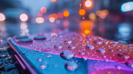 Water droplets on the surface of a mobile phone screen.