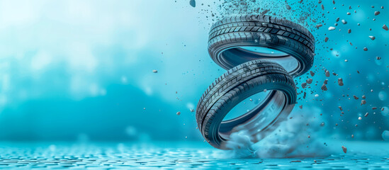 Car Tires Spinning on a Dynamic impact motion with debris and dust cloud -  - obrazy, fototapety, plakaty