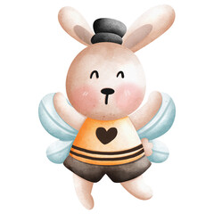A cute watercolor illustration of a bunny rabbit wearing a bee costume, complete with wings and a...