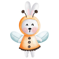 A cute watercolor illustration of a bunny rabbit wearing a bee costume.