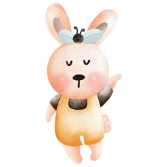 A cute watercolor illustration of a bunny wearing yellow dungarees and a bee on its head