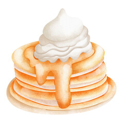 A stack of pancakes with butter and syrup