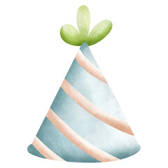 A watercolor illustration of a birthday hat with a green leaf on top. The hat has light blue and pink stripes.