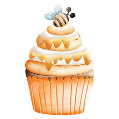 A watercolor illustration of a honeybee perched atop a vanilla frosted honey cupcake.