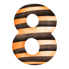 A watercolor number 8 with an orange and black striped pattern.