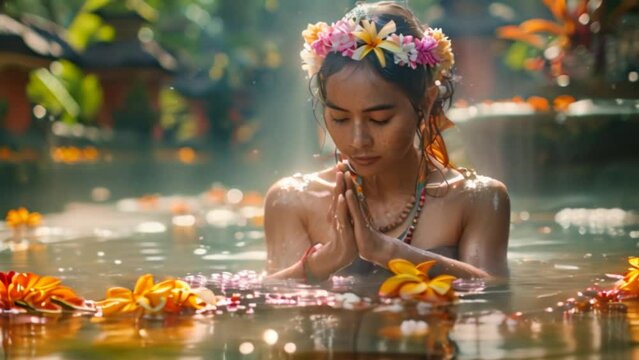 An ancient cleansing ritual at the sacred Tirta Empul spring in Ubud, Bali, Indonesia.