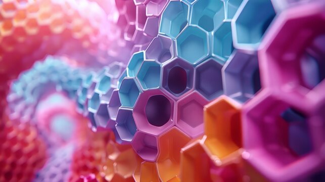 Vibrant, 3D clay hexagons forming an abstract, geometric universe, UHD photograph