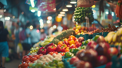 colorful beads on a market stall, Asian food market, fresh vegetables and fruits