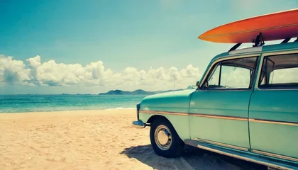 Foto op Canvas vintage car parked on the tropical beach (seaside) with a surfboard on the roof - Leisure trip in the summer. retro color effect © Beste stock