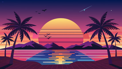 Fototapeta na wymiar vector-summer-background-with-sunset vector illustration 