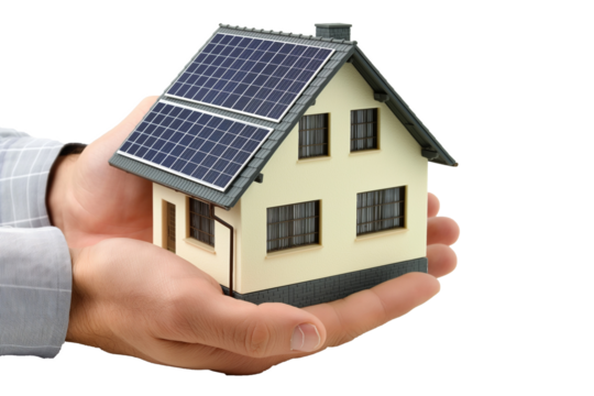 Hand-holding house with solar panels on the roof isolated on a transparent background
