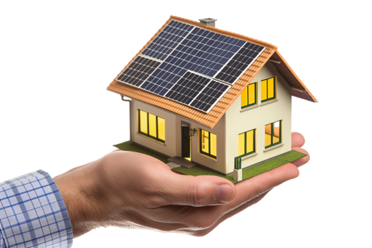Hand-holding house with solar panels on the roof isolated on a transparent background