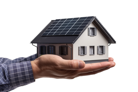 Hand-holding house with solar panels on the roof isolated on a transparent background