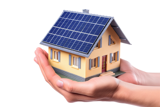 Hand-holding house with solar panels on the roof isolated on a transparent background - Powered by Adobe