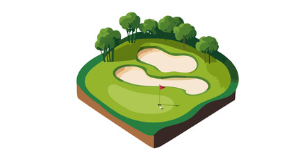 minimalist vector image of green golf course, course, greens, fairways, bunkers, sand traps, summer leisure