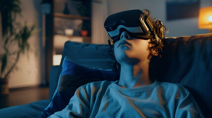 A teenager wearing a VR headset, playing with his goggles, new technology high-tech concept