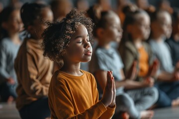 A group of kids sitting in a lotus position in a circle, with their eyes closed and hands in a meditation gesture,  - obrazy, fototapety, plakaty