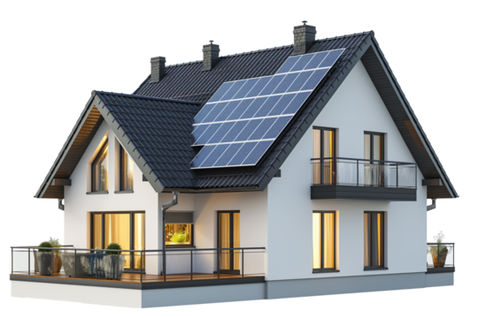 House with solar panels isolated  on a transparent background - Powered by Adobe