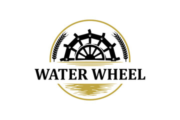 Classic old Noria wooden waterwheel from Syria or the arabic Middle East, logo design vector template label style.