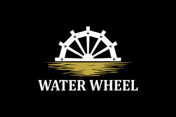 Classic old Noria wooden waterwheel from Syria or the arabic Middle East, logo design vector template label style.