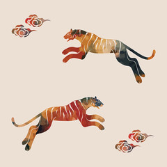 走る　跳躍する虎　雲　カラフルな和風・和モダンデザイン　寅年　年賀状　年賀素材
