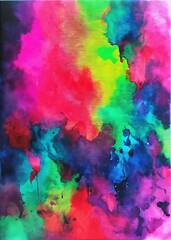Abstract fluorescent colors painting with watercolor wash on canvas. Contemporary painting. Modern poster for wall decoration