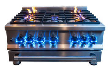 Gas stove with blue flames isolated on transparent background 
