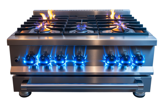 Gas stove with blue flames isolated on transparent background 