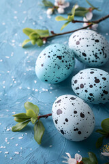 Easter eggs surrounded by blue background adorned with flowers and leaves