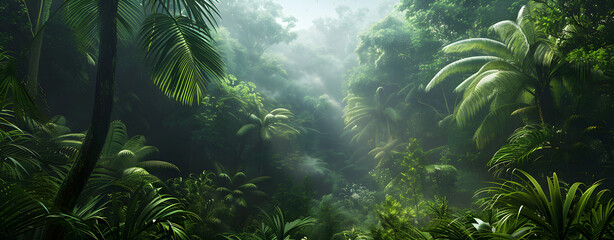 tropical rainforest with green trees and ferns in sunlight Tropical rainforest with fog and sunbeams in the morning.