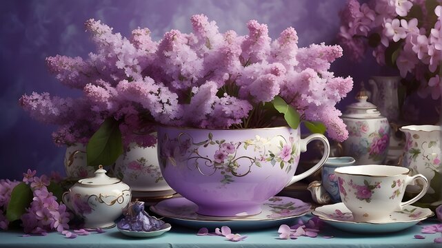 "Digital Illustration, A dreamy digital illustration depicting a purple lilac blossom in a teacup surrounded by decorative vases with syringas, Digital art style with soft pastel colors and fantasy el