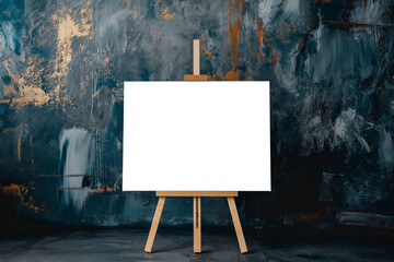 Wooden easel with painting frame mockup on studio wall, modern art concept