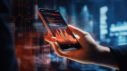 Double exposure of mans hands holding and using a phone and financial chart drawing. Market analysis concept.