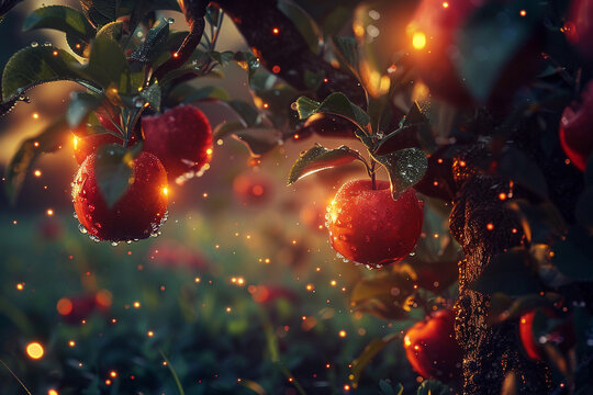 Glowing Apples from Enchanted Trees, banishing hunger with magic , clean sharp focus