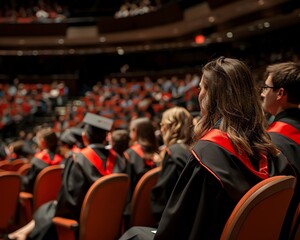 A graduation ceremony with students in gowns seated orderly, faculty on stage