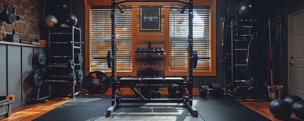 A home gym setup with equipment ready for a morning workout session