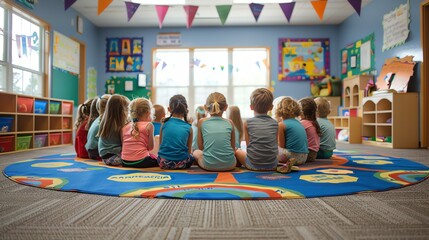 A kindergarten room during story time, little ones sitting in a circle, listening intently