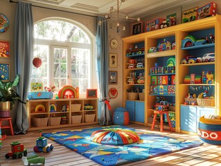 A lively children's playroom filled with toys and laughter on a sunny afternoon