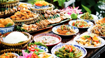 Fototapeta premium A traditional Thai banquet spread, featuring an array of dishes from curries to grilled meats, highlighting the communal joy of Thai dining.