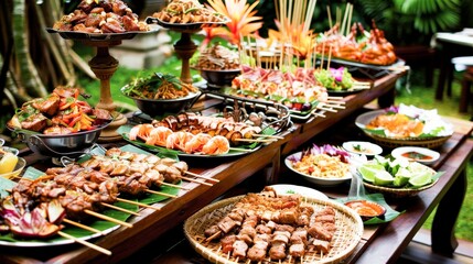 A traditional Thai banquet spread, featuring an array of dishes from curries to grilled meats, highlighting the communal joy of Thai dining.