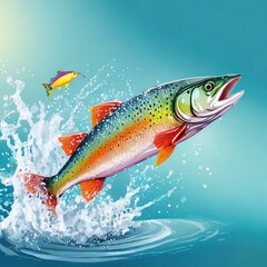 Naklejka premium Rainbow trout jumping out of the water with a splash. Fish above water catching bait. Panoramic banner with copy space