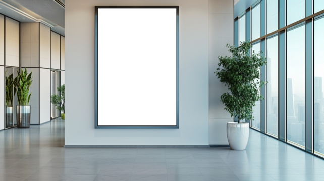 Minimalist modern office lobby with frame mockup on the wall and potted plants