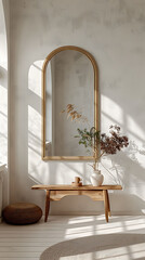 Overhead view of a minimalist entryway with a statement mirror, scandinavian style interior