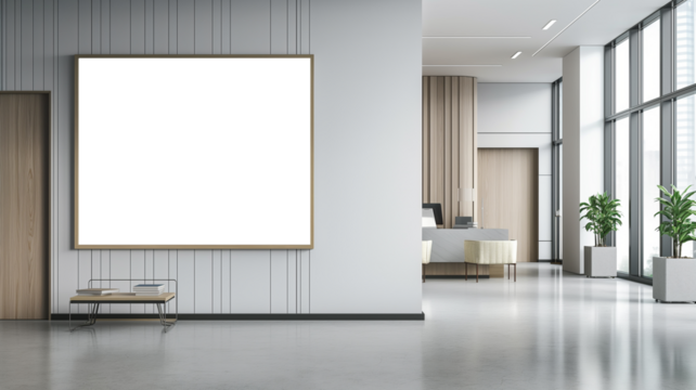 Minimalist modern office lobby with frame mockup on the wall and potted plants