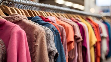 Close-up of vibrant clothes in a charity, thrift, or secondhand clothing store. These establishments sell worn clothing, accessories, books, and household items.