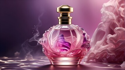 Obraz na płótnie Canvas elegant glass or crystal perfume bottle with a background of smoke waves and a pink and purple theme, combining matte painting with digital 3D illustration