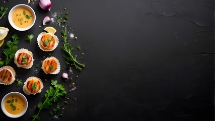 Cooking grilled scallops in a creamy butter lemon or Cajun spicy dripping sauce with herbs is the dish of a fine dining chef. The recipe is displayed as a broad banner poster on a black background  - obrazy, fototapety, plakaty